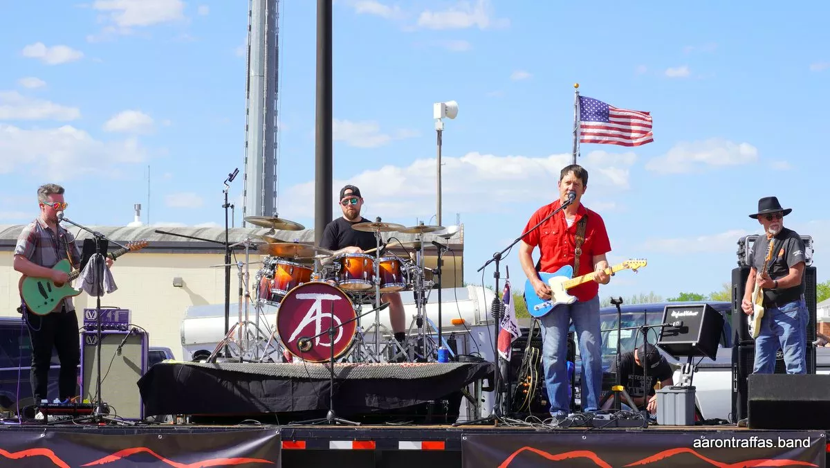 The Aaron Traffas Band playing live music in Kansas in downtown Pratt in 2023