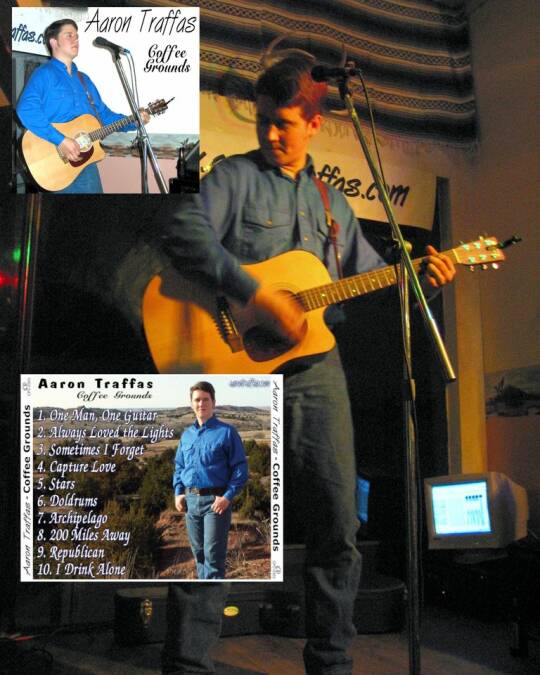 Aaron Traffas playing original music in Sun City, Kansas, at Buster's Saloon in 2002
